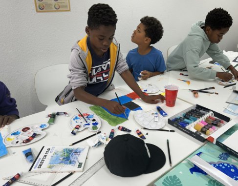 Children painting together at the studio table