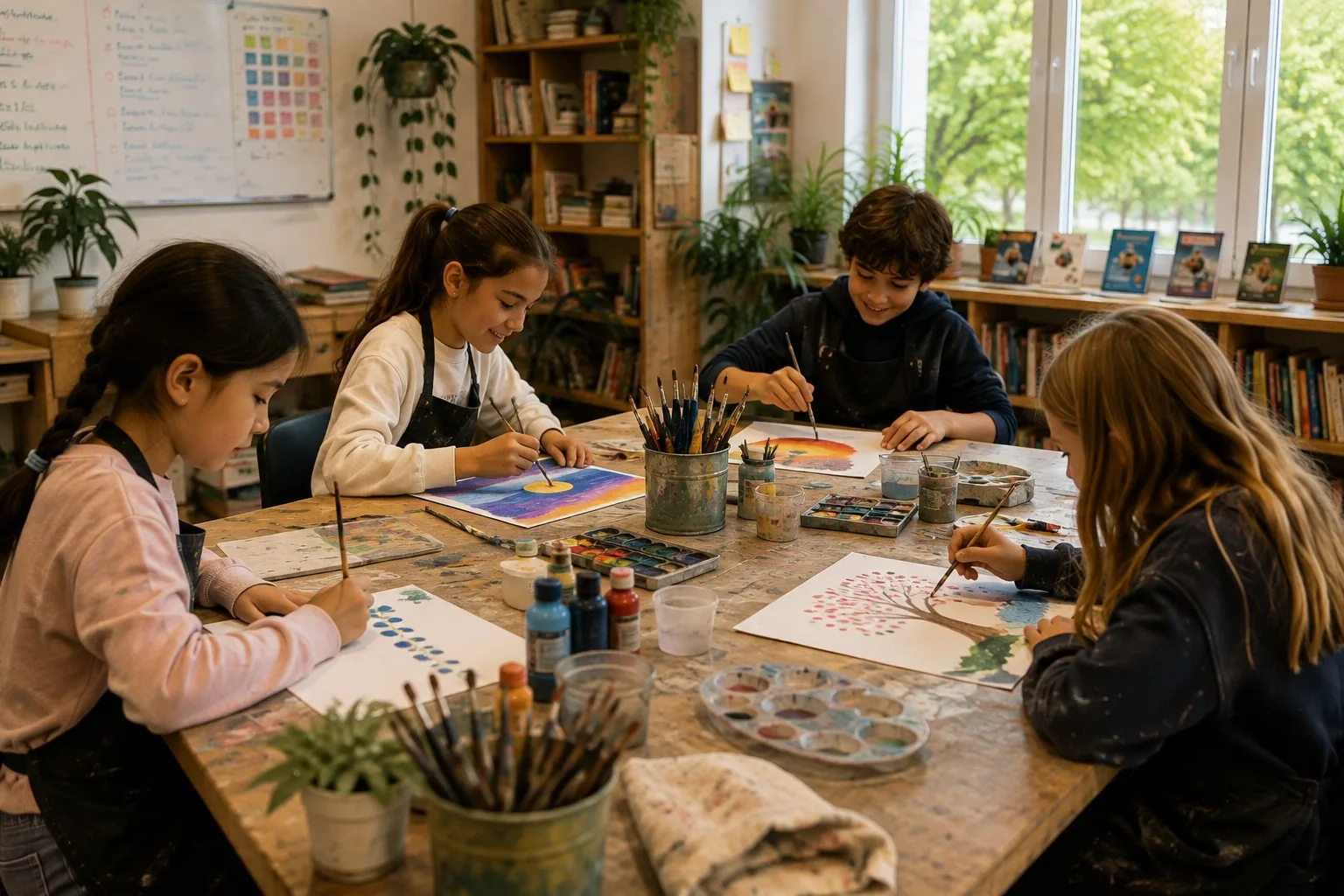 Children painting together at the studio table