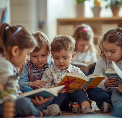 Photo — the reading club, children with books on the floor
