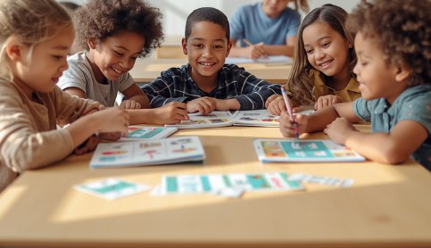 Photo — younger children working on activity books during a bootcamp week