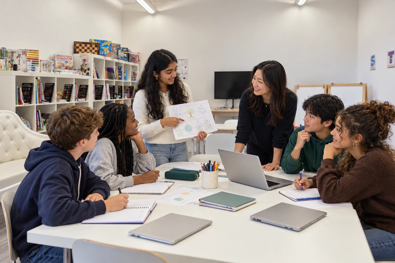Illustration of teenagers discussing a project proposal