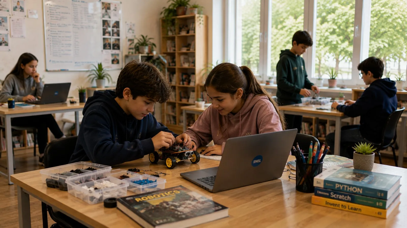 Un enfant construit un modèle sur un portable en creusant une question scientifique